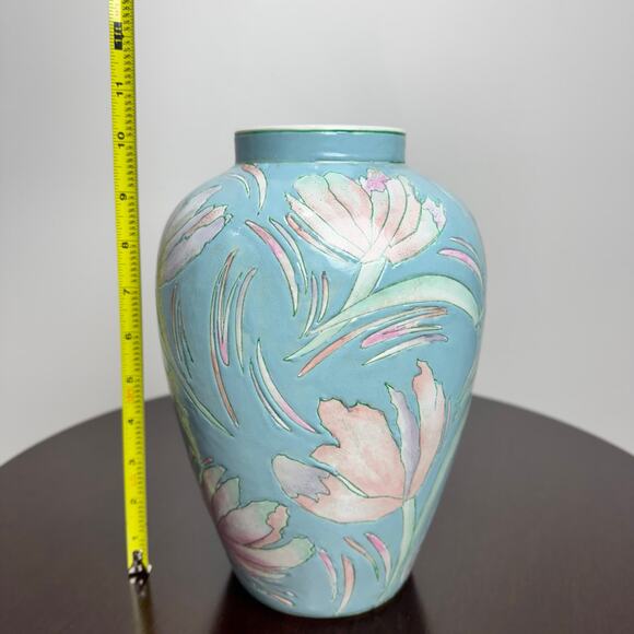 J837 - Light Blue Porcelain Vase With pink Flowers - 10in Tall - Picture 7 of 11